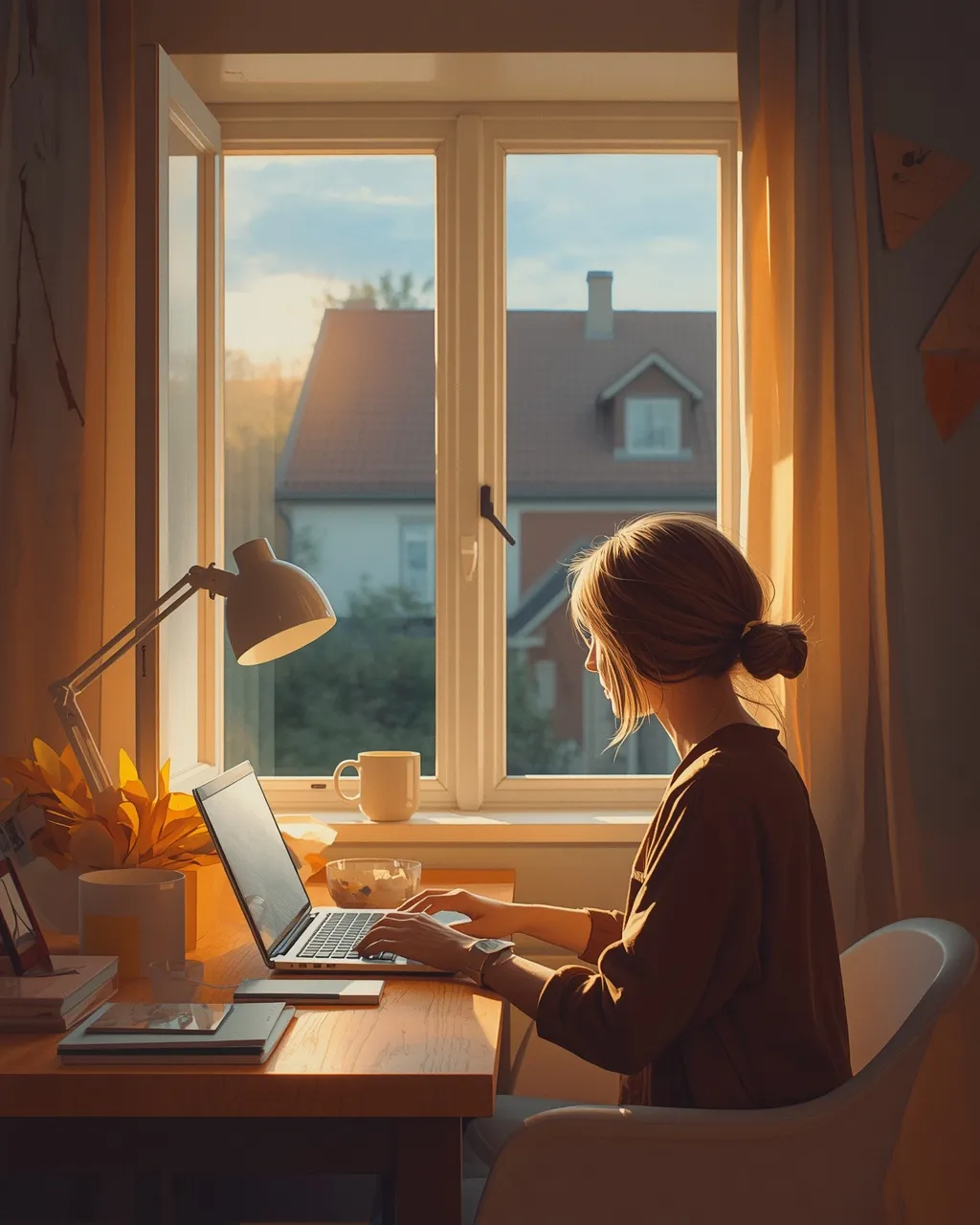 Ilustracja akwarelowa — osoba przy laptopie obliczająca audyt cieplny domu wieczorem