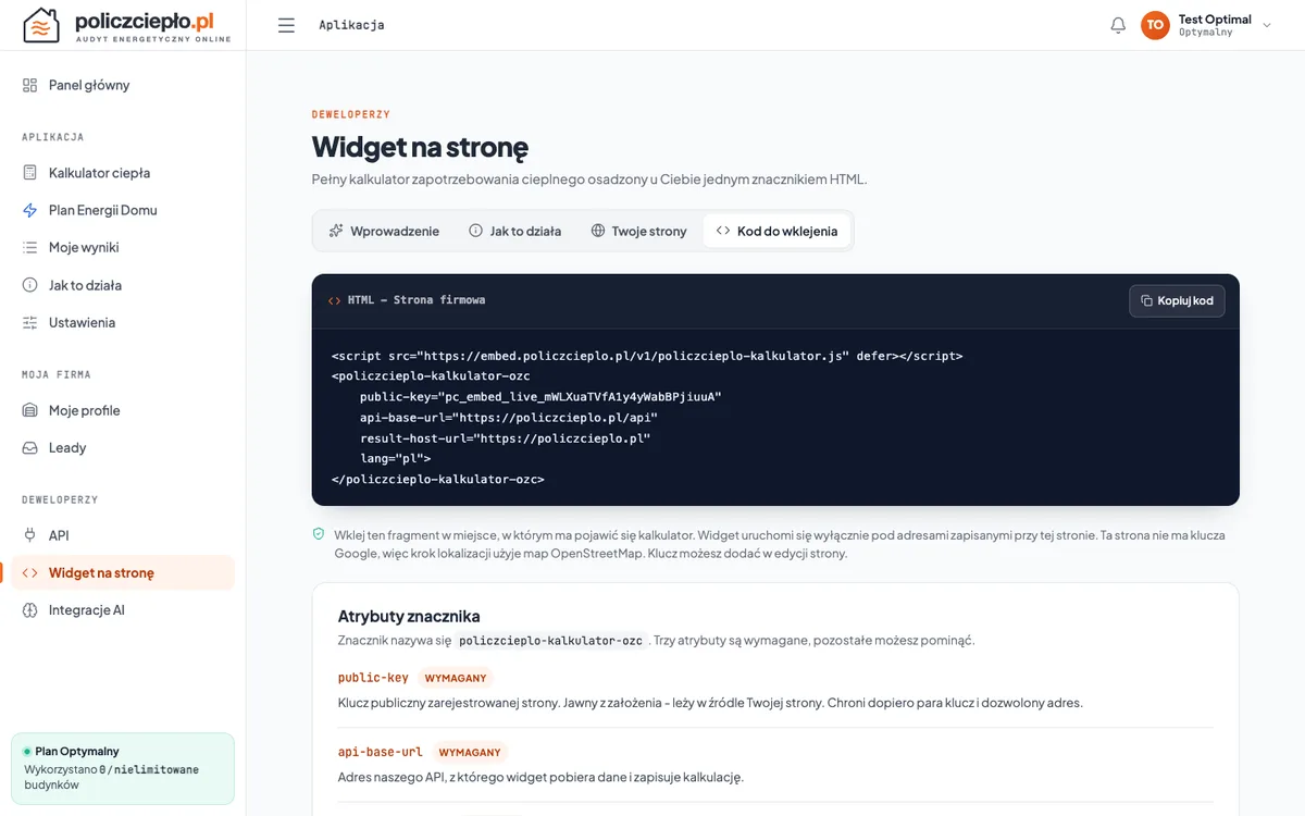 Zakładka Kod do wklejenia w panelu PoliczCiepło: gotowy fragment HTML z kluczem publicznym strony.
