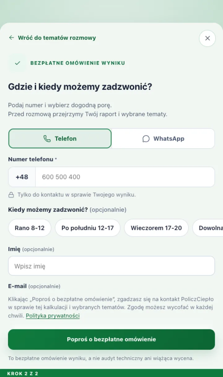 Drugi krok formularza rozmowy z wyborem telefonu lub WhatsApp, polem numeru, porą kontaktu i zgodą.