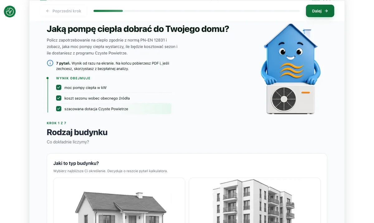 Pierwszy krok kalkulatora na stronie ZatrzymajLicznik.pl w zielonej kolorystyce partnera.