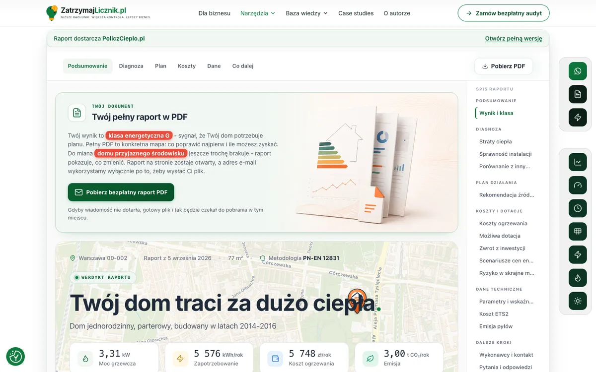 Raport PoliczCiepło wyświetlony bezpośrednio w serwisie ZatrzymajLicznik.pl.