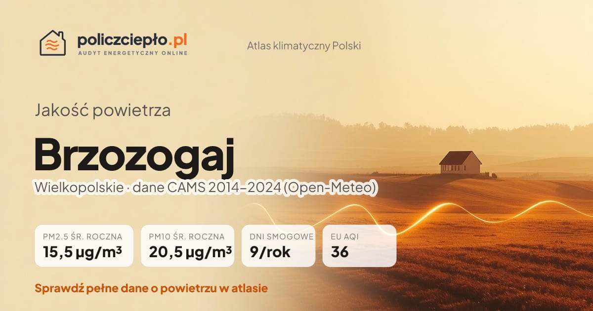 Jakość powietrza Brzozogaj (Wielkopolskie) - infografika: PM2.5 15,5 µg/m³, PM10 20,5 µg/m³, 9 dni smogowych rocznie (CAMS 2014-2024)