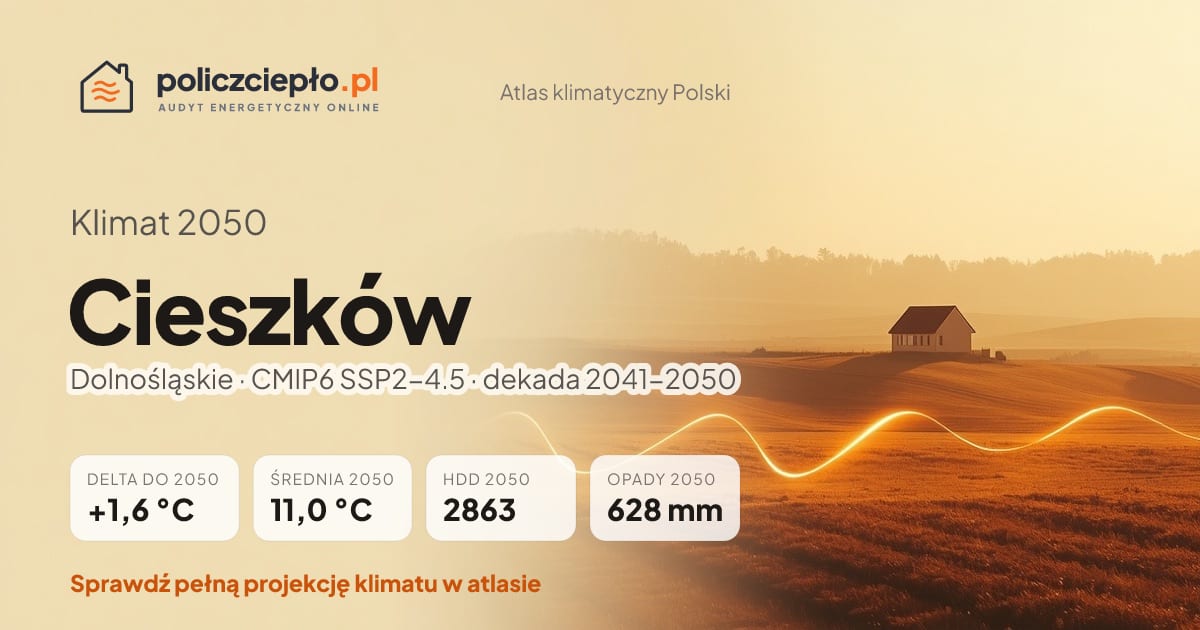Klimat Cieszków w 2050 (Dolnośląskie) - infografika: średnia roczna +1,6°C cieplej niż 1991-2020, 2863 HDD, opady 628 mm rocznie (scenariusz SSP2-4.5)