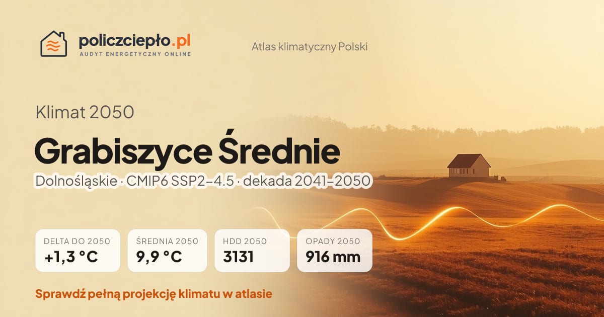 Klimat Grabiszyce Średnie w 2050 (Dolnośląskie) - infografika: średnia roczna +1,3°C cieplej niż 1991-2020, 3131 HDD, opady 916 mm rocznie (scenariusz SSP2-4.5)