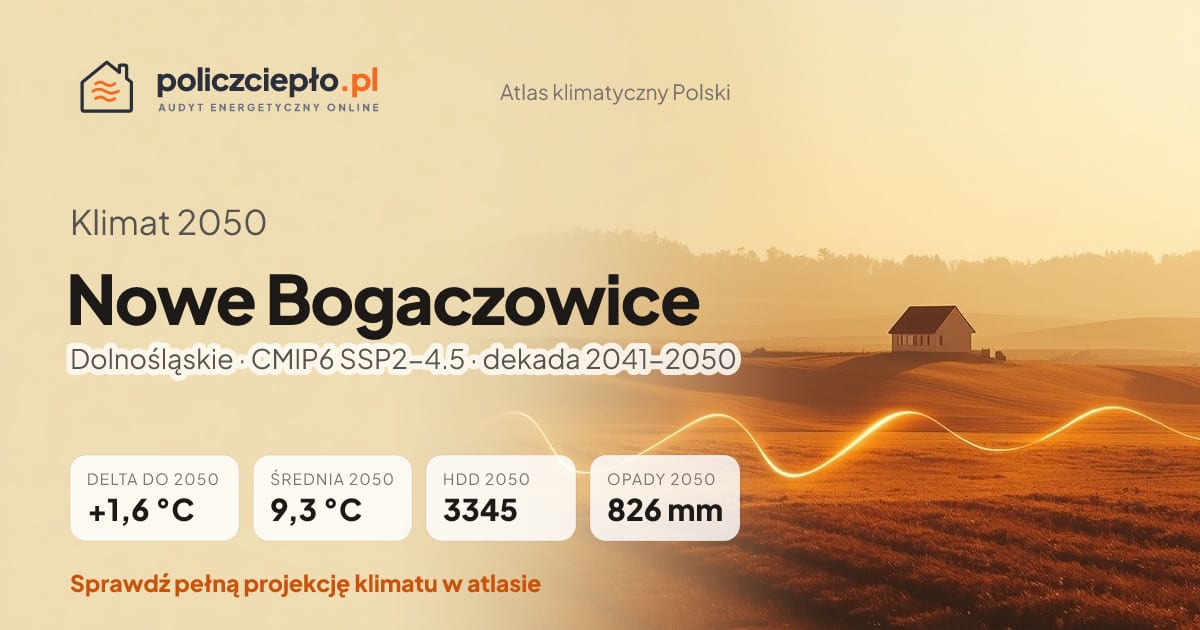 Klimat Nowe Bogaczowice w 2050 (Dolnośląskie) - infografika: średnia roczna +1,6°C cieplej niż 1991-2020, 3345 HDD, opady 826 mm rocznie (scenariusz SSP2-4.5)