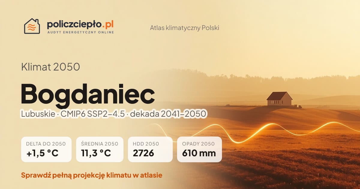 Klimat Bogdaniec w 2050 (Lubuskie) - infografika: średnia roczna +1,5°C cieplej niż 1991-2020, 2726 HDD, opady 610 mm rocznie (scenariusz SSP2-4.5)