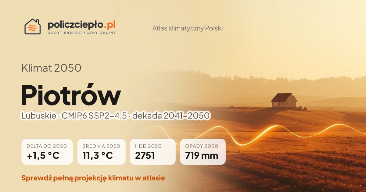 Klimat Piotrów w 2050 (Lubuskie) - infografika: średnia roczna +1,5°C cieplej niż 1991-2020, 2751 HDD, opady 719 mm rocznie (scenariusz SSP2-4.5)