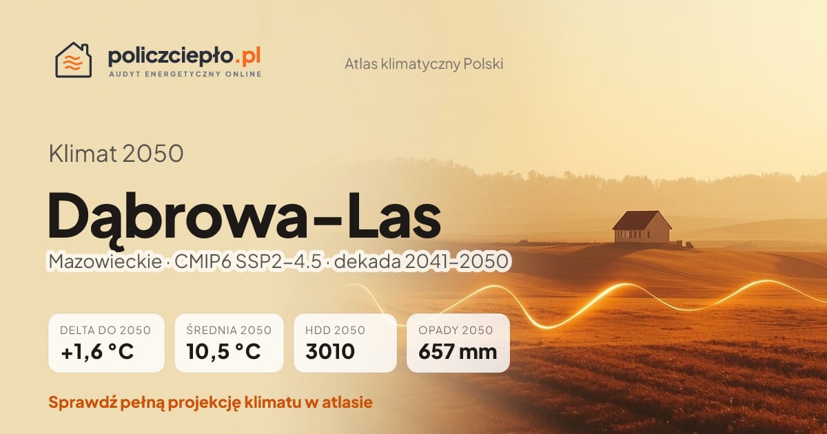 Klimat Dąbrowa-Las w 2050 (Mazowieckie) - infografika: średnia roczna +1,6°C cieplej niż 1991-2020, 3010 HDD, opady 657 mm rocznie (scenariusz SSP2-4.5)