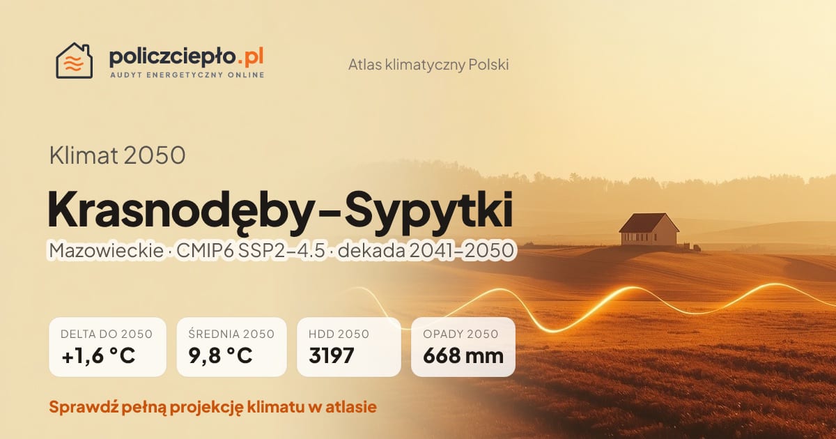 Klimat Krasnodęby-Sypytki w 2050 (Mazowieckie) - infografika: średnia roczna +1,6°C cieplej niż 1991-2020, 3197 HDD, opady 668 mm rocznie (scenariusz SSP2-4.5)