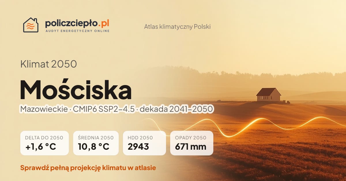 Klimat Mościska w 2050 (Mazowieckie) - infografika: średnia roczna +1,6°C cieplej niż 1991-2020, 2943 HDD, opady 671 mm rocznie (scenariusz SSP2-4.5)