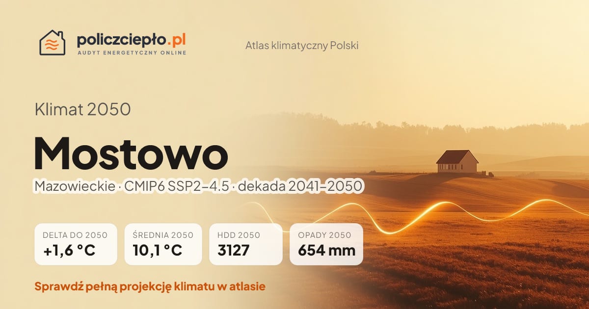 Klimat Mostowo w 2050 (Mazowieckie) - infografika: średnia roczna +1,6°C cieplej niż 1991-2020, 3127 HDD, opady 654 mm rocznie (scenariusz SSP2-4.5)
