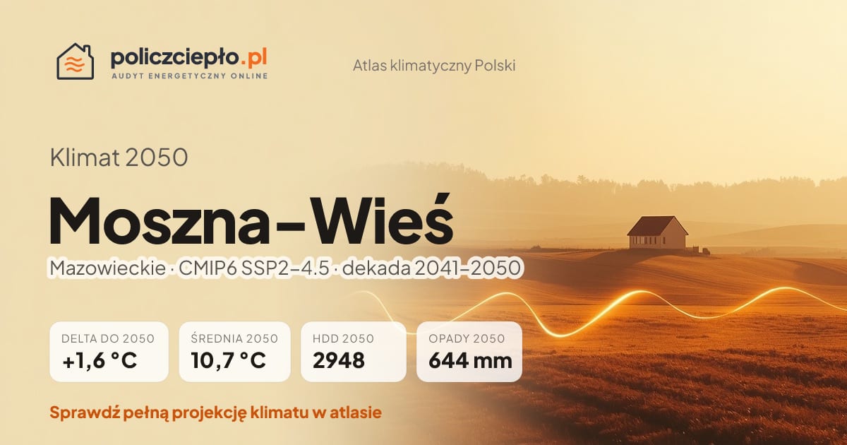 Klimat Moszna-Wieś w 2050 (Mazowieckie) - infografika: średnia roczna +1,6°C cieplej niż 1991-2020, 2948 HDD, opady 644 mm rocznie (scenariusz SSP2-4.5)