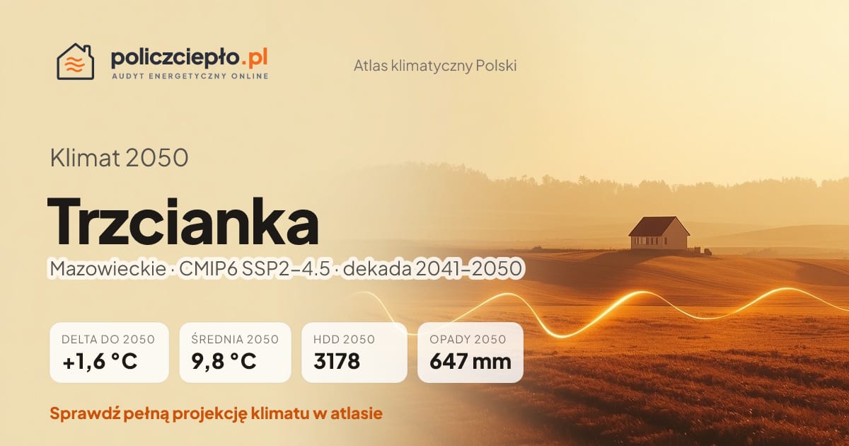 Klimat Trzcianka w 2050 (Mazowieckie) - infografika: średnia roczna +1,6°C cieplej niż 1991-2020, 3178 HDD, opady 647 mm rocznie (scenariusz SSP2-4.5)