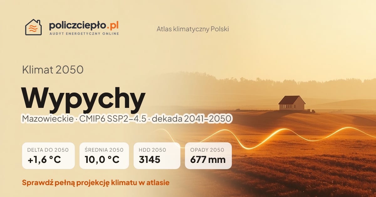 Klimat Wypychy w 2050 (Mazowieckie) - infografika: średnia roczna +1,6°C cieplej niż 1991-2020, 3145 HDD, opady 677 mm rocznie (scenariusz SSP2-4.5)