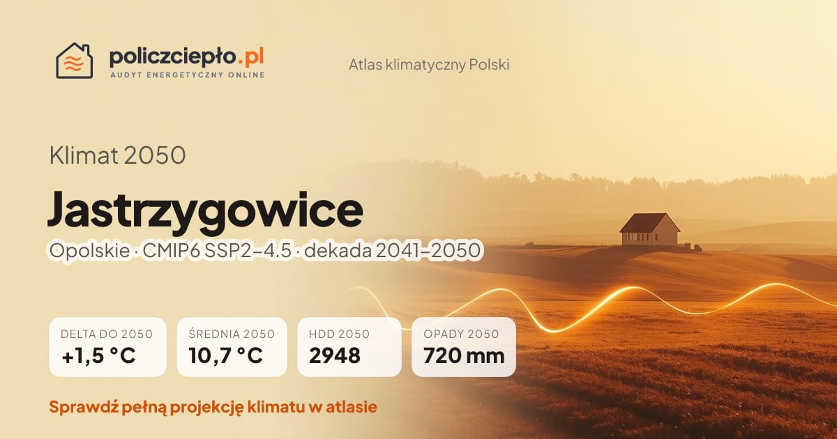 Klimat Jastrzygowice w 2050 (Opolskie) - infografika: średnia roczna +1,5°C cieplej niż 1991-2020, 2948 HDD, opady 720 mm rocznie (scenariusz SSP2-4.5)