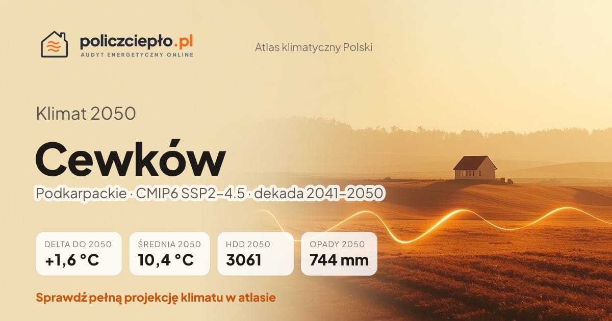 Klimat Cewków w 2050 (Podkarpackie) - infografika: średnia roczna +1,6°C cieplej niż 1991-2020, 3061 HDD, opady 744 mm rocznie (scenariusz SSP2-4.5)