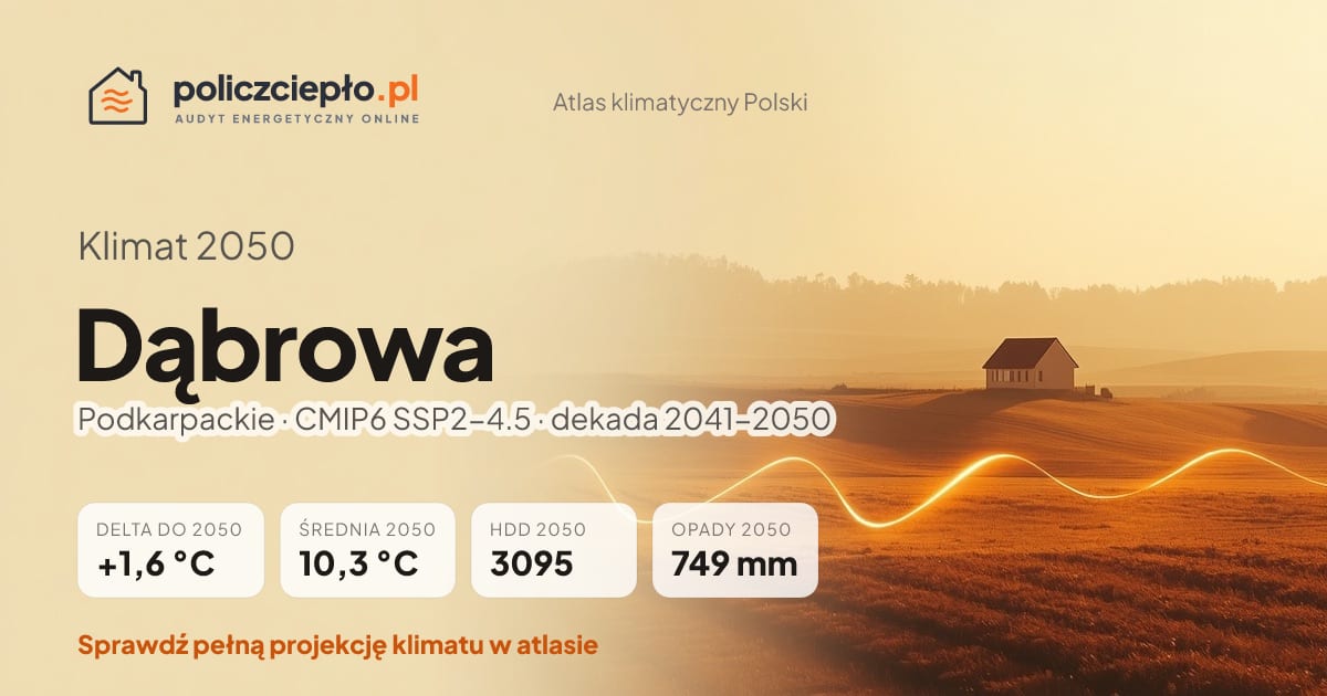 Klimat Dąbrowa w 2050 (Podkarpackie) - infografika: średnia roczna +1,6°C cieplej niż 1991-2020, 3095 HDD, opady 749 mm rocznie (scenariusz SSP2-4.5)
