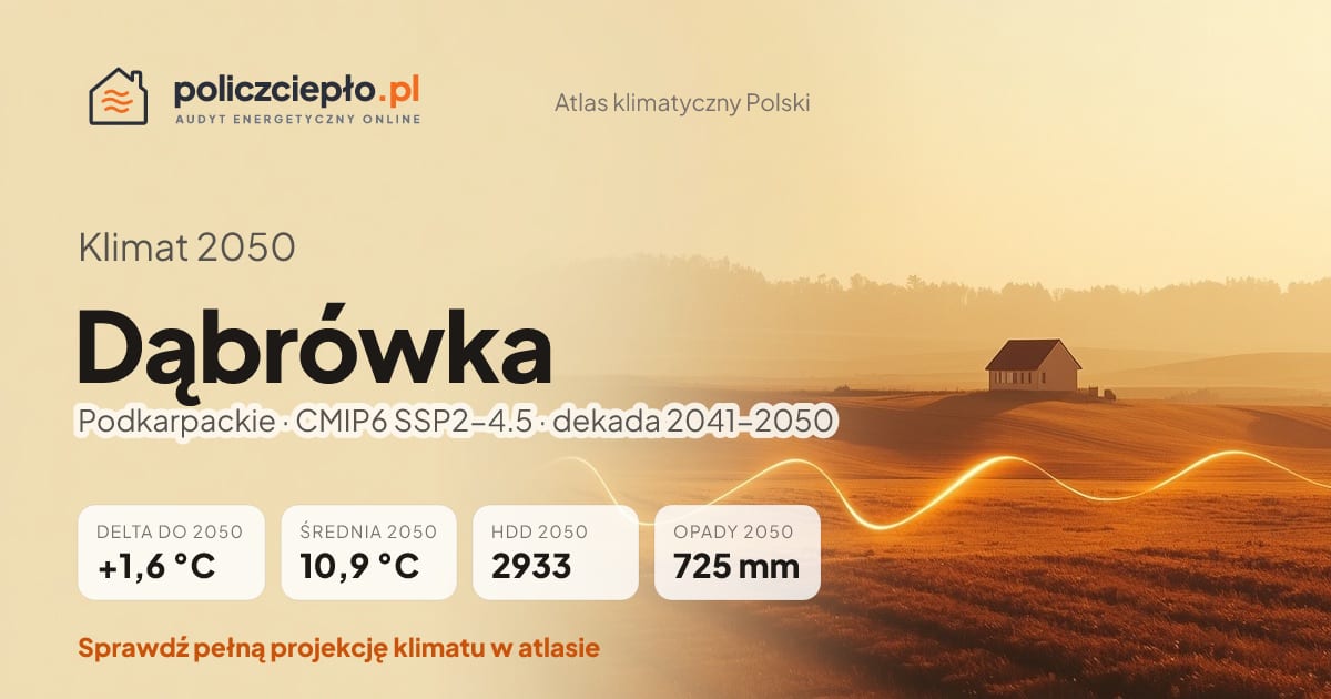 Klimat Dąbrówka w 2050 (Podkarpackie) - infografika: średnia roczna +1,6°C cieplej niż 1991-2020, 2933 HDD, opady 725 mm rocznie (scenariusz SSP2-4.5)