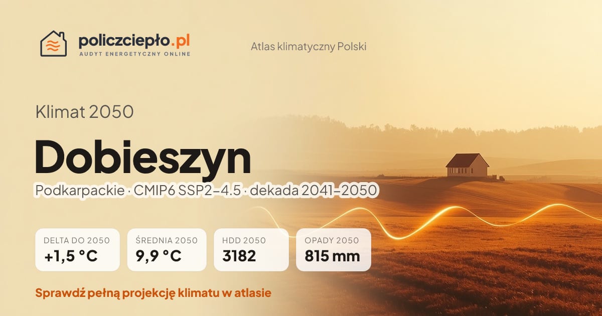 Klimat Dobieszyn w 2050 (Podkarpackie) - infografika: średnia roczna +1,5°C cieplej niż 1991-2020, 3182 HDD, opady 815 mm rocznie (scenariusz SSP2-4.5)