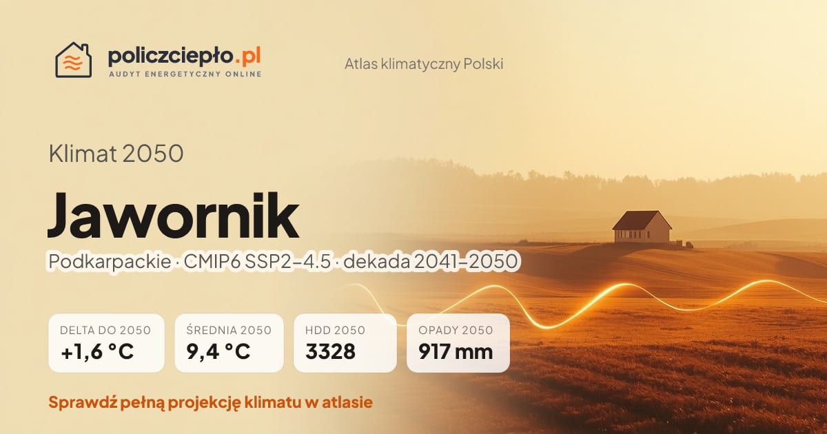 Klimat Jawornik w 2050 (Podkarpackie) - infografika: średnia roczna +1,6°C cieplej niż 1991-2020, 3328 HDD, opady 917 mm rocznie (scenariusz SSP2-4.5)