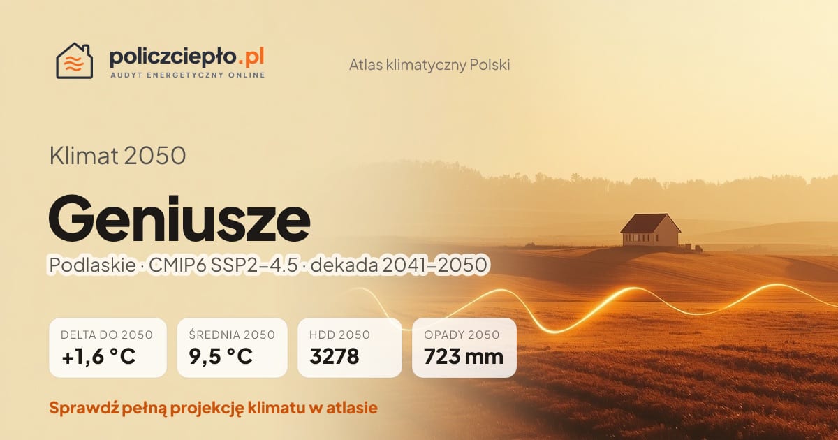 Klimat Geniusze w 2050 (Podlaskie) - infografika: średnia roczna +1,6°C cieplej niż 1991-2020, 3278 HDD, opady 723 mm rocznie (scenariusz SSP2-4.5)
