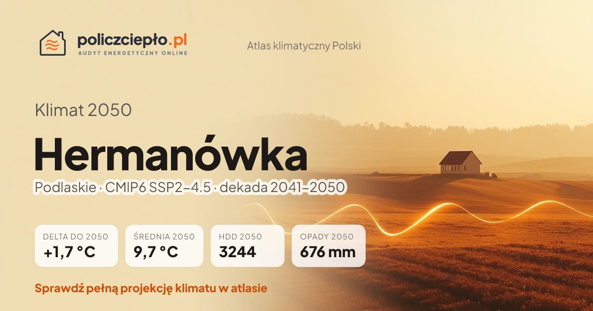 Klimat Hermanówka w 2050 (Podlaskie) - infografika: średnia roczna +1,7°C cieplej niż 1991-2020, 3244 HDD, opady 676 mm rocznie (scenariusz SSP2-4.5)