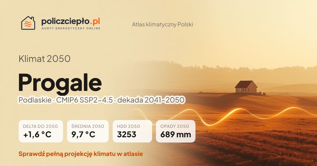 Klimat Progale w 2050 (Podlaskie) - infografika: średnia roczna +1,6°C cieplej niż 1991-2020, 3253 HDD, opady 689 mm rocznie (scenariusz SSP2-4.5)