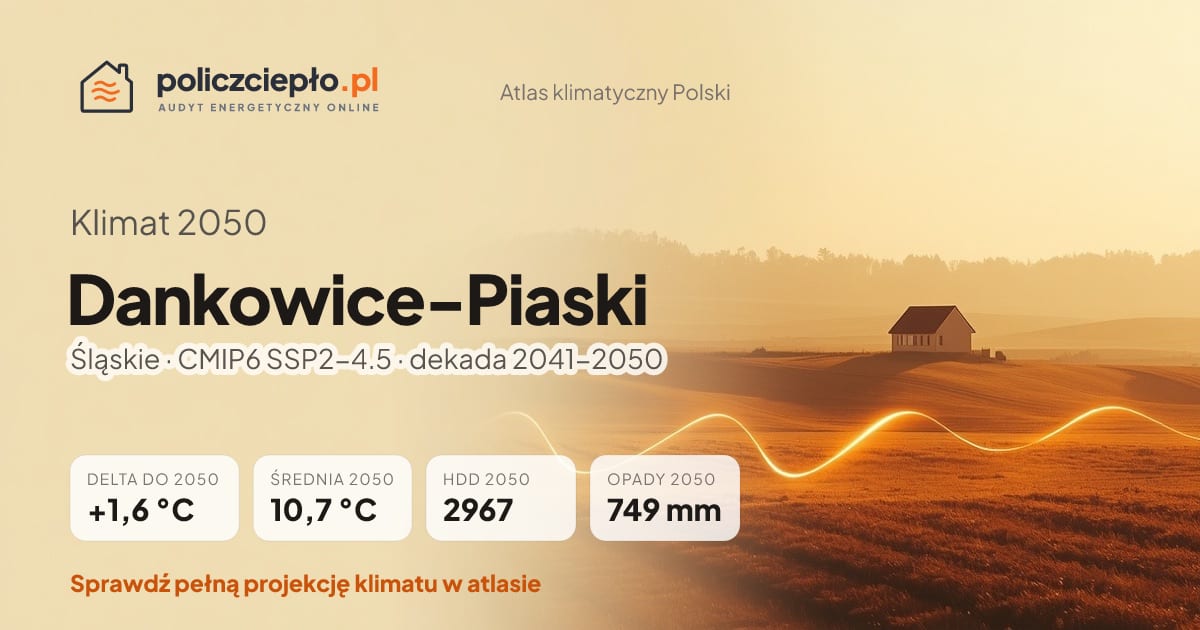 Klimat Dankowice-Piaski w 2050 (Śląskie) - infografika: średnia roczna +1,6°C cieplej niż 1991-2020, 2967 HDD, opady 749 mm rocznie (scenariusz SSP2-4.5)