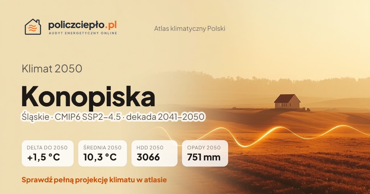 Klimat Konopiska w 2050 (Śląskie) - infografika: średnia roczna +1,5°C cieplej niż 1991-2020, 3066 HDD, opady 751 mm rocznie (scenariusz SSP2-4.5)