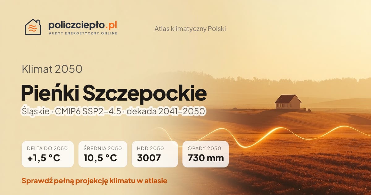 Klimat Pieńki Szczepockie w 2050 (Śląskie) - infografika: średnia roczna +1,5°C cieplej niż 1991-2020, 3007 HDD, opady 730 mm rocznie (scenariusz SSP2-4.5)
