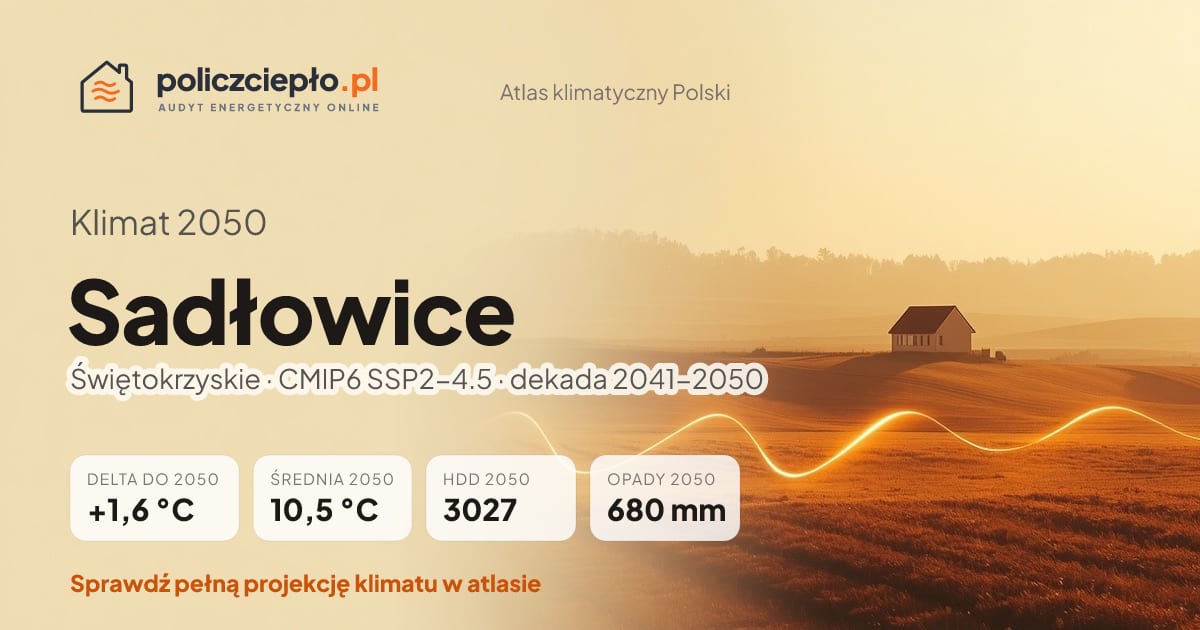 Klimat Sadłowice w 2050 (Świętokrzyskie) - infografika: średnia roczna +1,6°C cieplej niż 1991-2020, 3027 HDD, opady 680 mm rocznie (scenariusz SSP2-4.5)