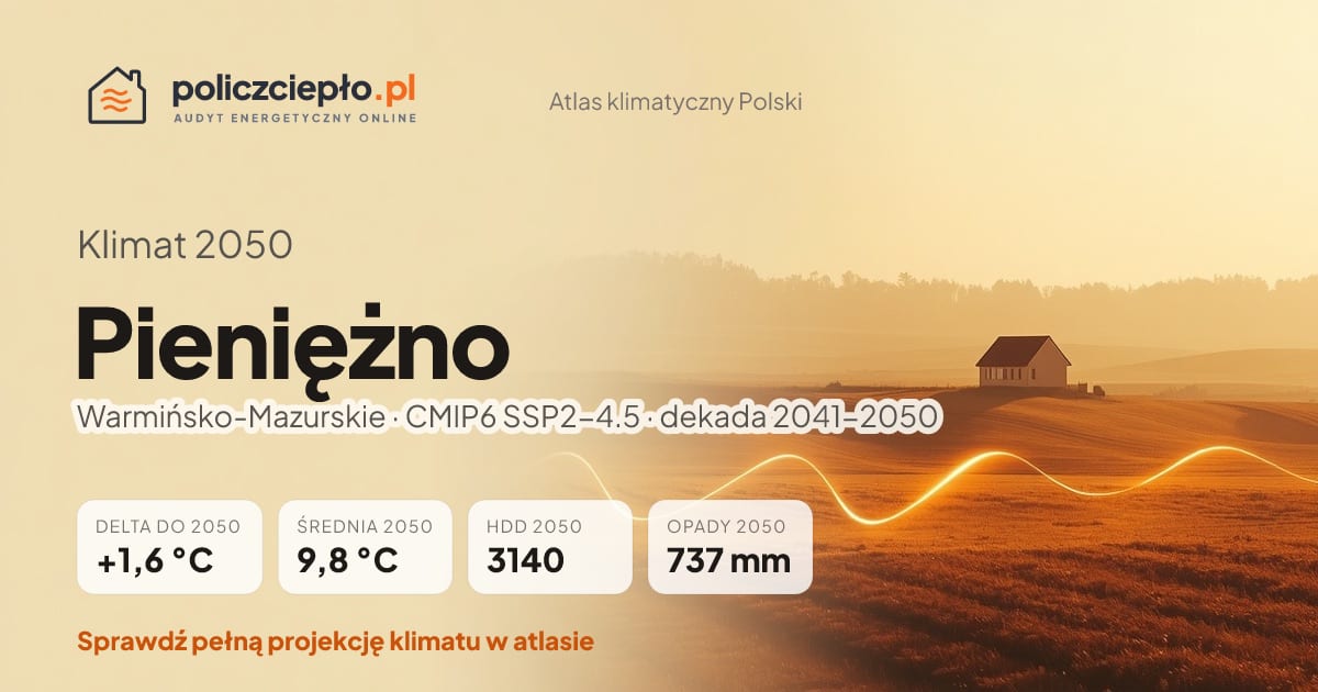 Klimat Pieniężno w 2050 (Warmińsko-Mazurskie) - infografika: średnia roczna +1,6°C cieplej niż 1991-2020, 3140 HDD, opady 737 mm rocznie (scenariusz SSP2-4.5)