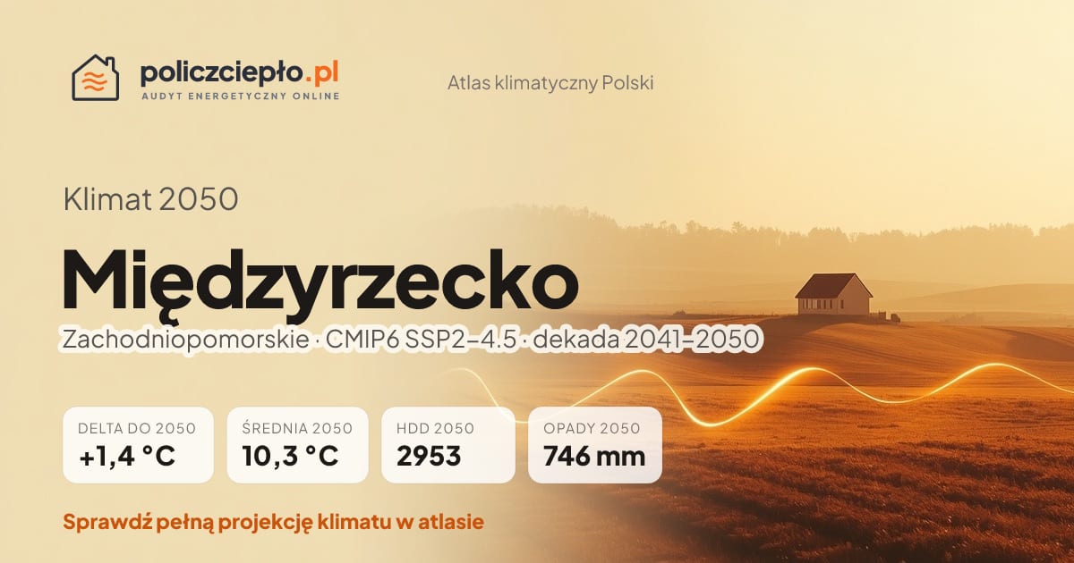 Klimat Międzyrzecko w 2050 (Zachodniopomorskie) - infografika: średnia roczna +1,4°C cieplej niż 1991-2020, 2953 HDD, opady 746 mm rocznie (scenariusz SSP2-4.5)