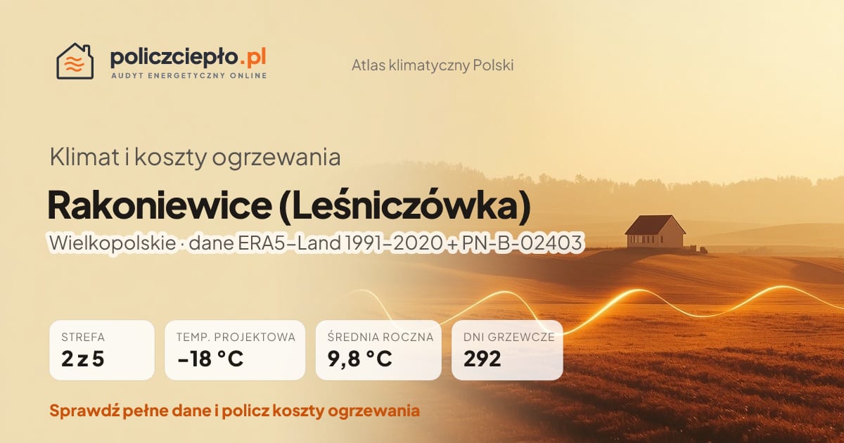Klimat Rakoniewice (Leśniczówka) (Wielkopolskie) - infografika: strefa klimatyczna 2, temperatura projektowa -18 °C, średnia roczna 9.8 °C, 292 dni grzewczych rocznie