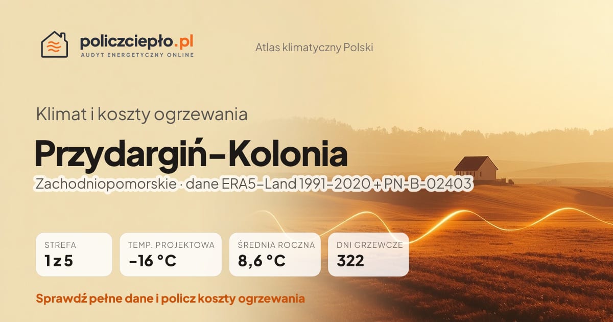 Klimat Przydargiń-Kolonia (Zachodniopomorskie) - infografika: strefa klimatyczna 1, temperatura projektowa -16 °C, średnia roczna 8.6 °C, 322 dni grzewczych rocznie