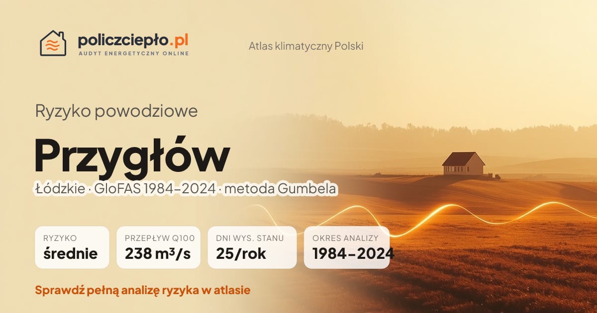 Ryzyko powodziowe Przygłów (Łódzkie) - infografika: średnie ryzyko powodziowe, przepływ 100-letni Q100 238 m³/s, 25 dni wysokiego stanu rocznie (GloFAS 1984-2024)