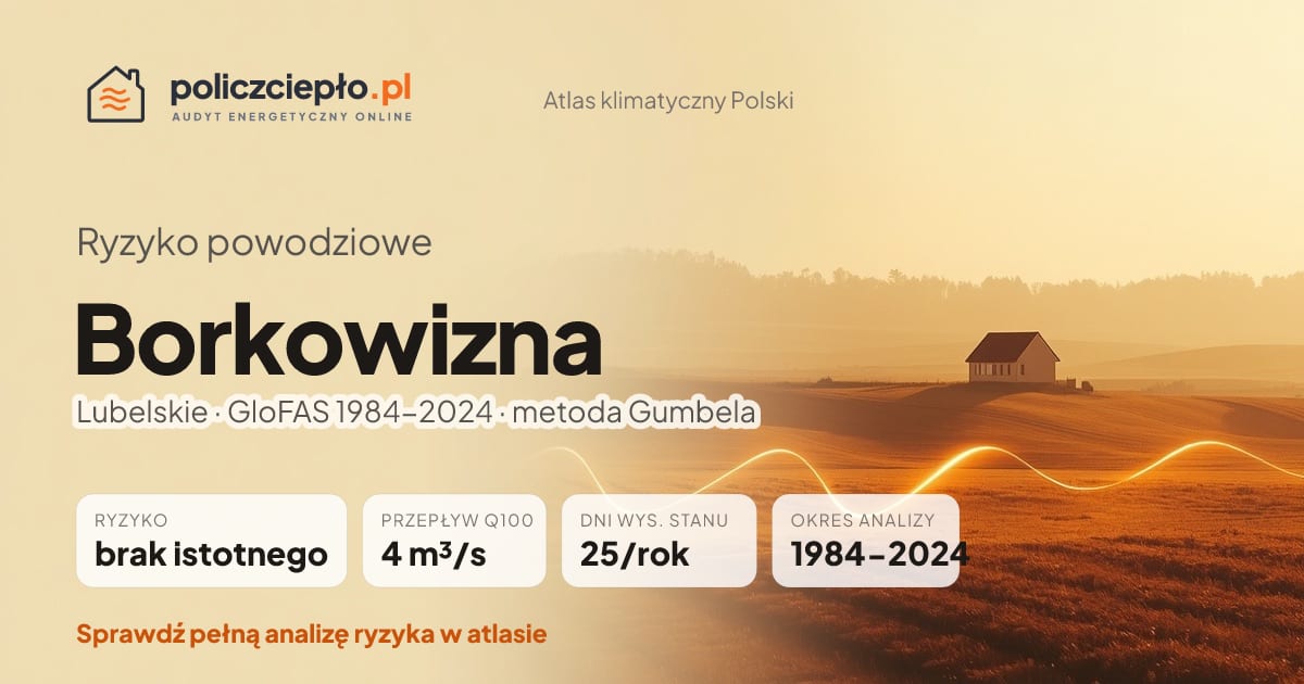 Ryzyko powodziowe Borkowizna (Lubelskie) - infografika: brak istotnego ryzyka powodziowego, przepływ 100-letni Q100 4 m³/s, 25 dni wysokiego stanu rocznie (GloFAS 1984-2024)