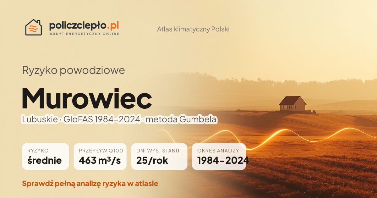 Ryzyko powodziowe Murowiec (Lubuskie) - infografika: średnie ryzyko powodziowe, przepływ 100-letni Q100 463 m³/s, 25 dni wysokiego stanu rocznie (GloFAS 1984-2024)