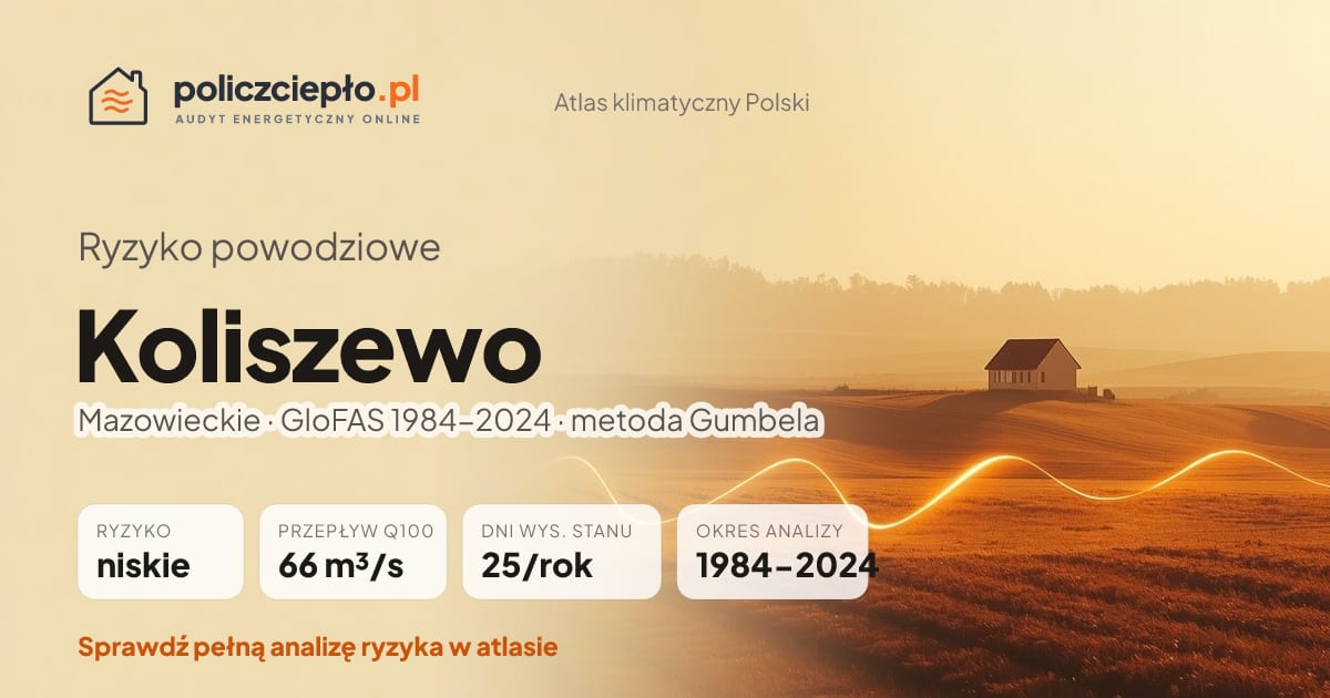 Ryzyko powodziowe Koliszewo (Mazowieckie) - infografika: niskie ryzyko powodziowe, przepływ 100-letni Q100 66 m³/s, 25 dni wysokiego stanu rocznie (GloFAS 1984-2024)