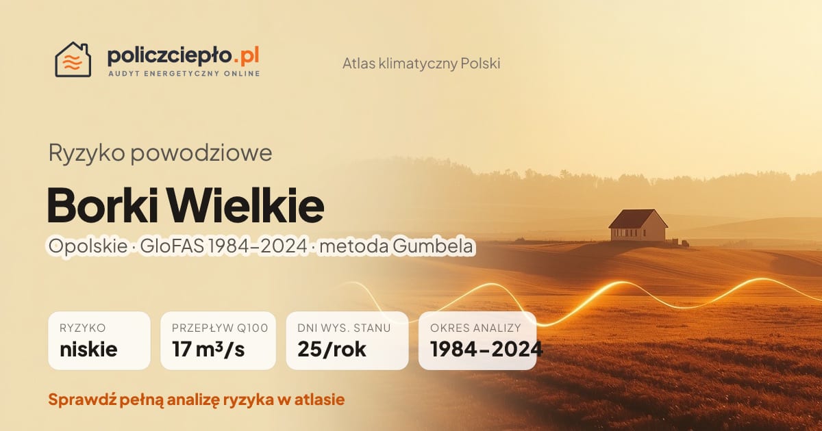 Ryzyko powodziowe Borki Wielkie (Opolskie) - infografika: niskie ryzyko powodziowe, przepływ 100-letni Q100 17 m³/s, 25 dni wysokiego stanu rocznie (GloFAS 1984-2024)