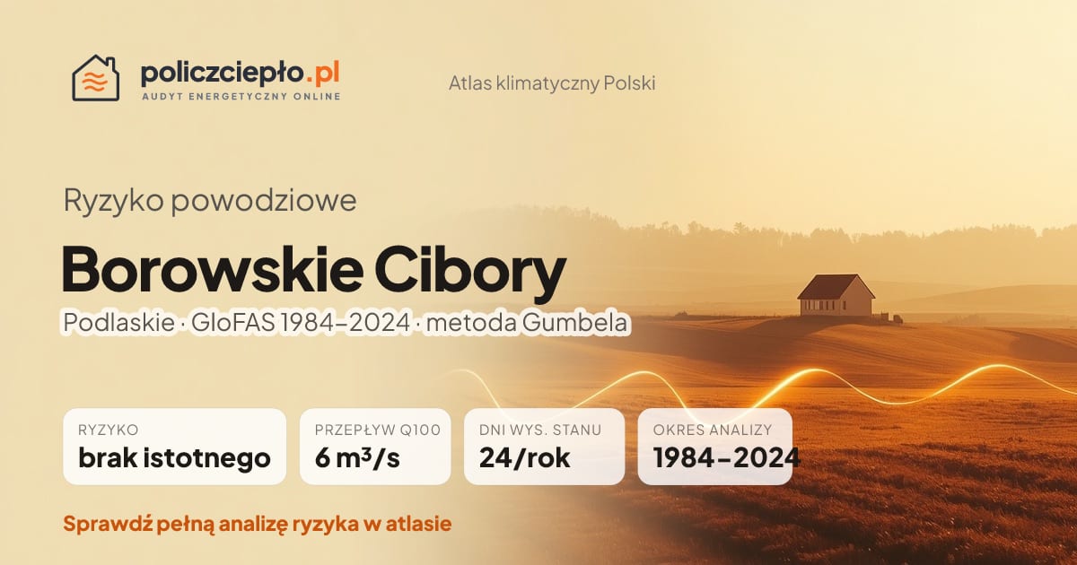 Ryzyko powodziowe Borowskie Cibory (Podlaskie) - infografika: brak istotnego ryzyka powodziowego, przepływ 100-letni Q100 6 m³/s, 24 dni wysokiego stanu rocznie (GloFAS 1984-2024)
