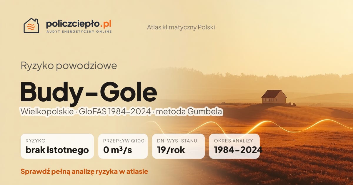 Ryzyko powodziowe Budy-Gole (Wielkopolskie) - infografika: brak istotnego ryzyka powodziowego, przepływ 100-letni Q100 0 m³/s, 19 dni wysokiego stanu rocznie (GloFAS 1984-2024)